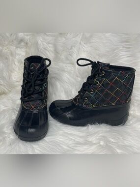 Girls Sperry Black Duck Boots with Rainbow Stitching